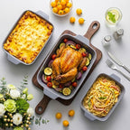 Yachi Ceramic Casserole Dishes for Oven Set of 3 Pcs Rectangular Bakeware Set with Handle for Steak Beef Baking Pan Roast Chicken spaghetti Lasagna Pan vegetables Microwave Oven and Dishwasher Safe Gray (14.8''/12.7''/9.8'')