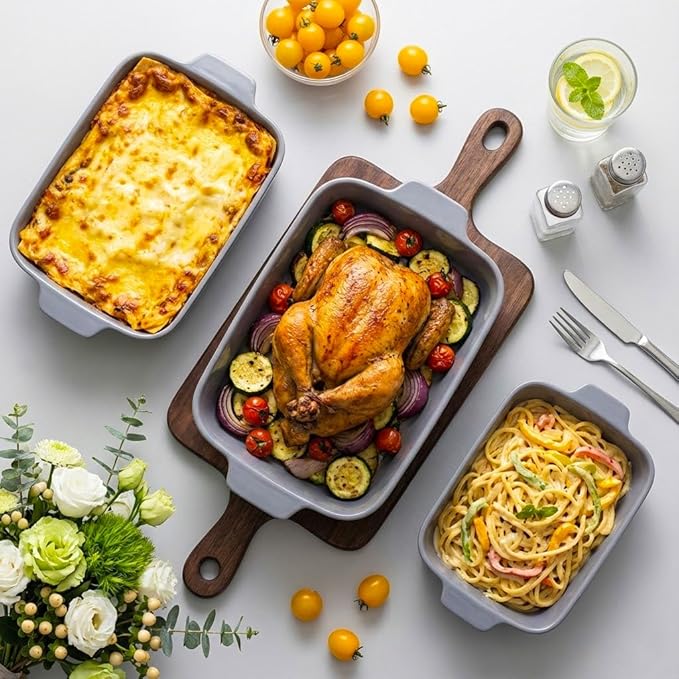 Yachi Ceramic Casserole Dishes for Oven Set of 3 Pcs Rectangular Bakeware Set with Handle for Steak Beef Baking Pan Roast Chicken spaghetti Lasagna Pan vegetables Microwave Oven and Dishwasher Safe Gray (14.8''/12.7''/9.8'')