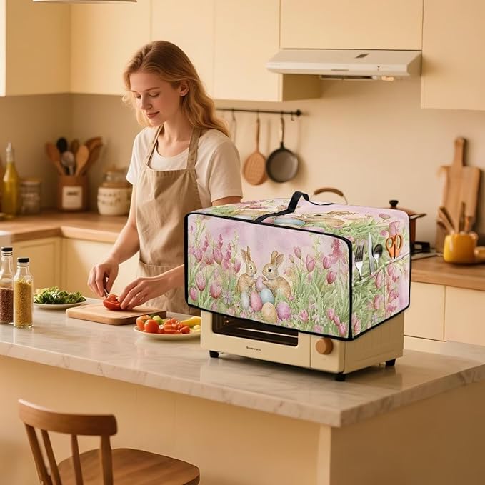 Easter Egg Bunny Tulip Print Toaster Oven Cover for Easter Decor, Dust-proof Case for Air Fryer, Heat-resistant Kitchen Countertop Appliance Protector, (Small-14.5*18.46*9 inches)