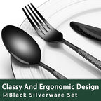 EWFEN 24-Piece Black Silverware Set with Steak Knives, Black Flatware Set for 4, Food-Grade Stainless Steel Tableware Cutlery Set, Mirror Finished Utensil Sets for Home Restaurant, Round Hammered