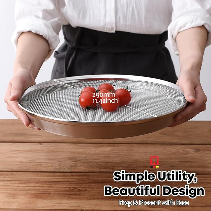 WAGENSTEIGER Stainless Steel Mesh Tray Set with Drip Pan, Air Fryer Basket and Tray, Kitchen Colander, Vegetable and Fruit Strainer, Food Filter, BBQ Prep Tool, Fruit Serving Dishes (11.42 inch)