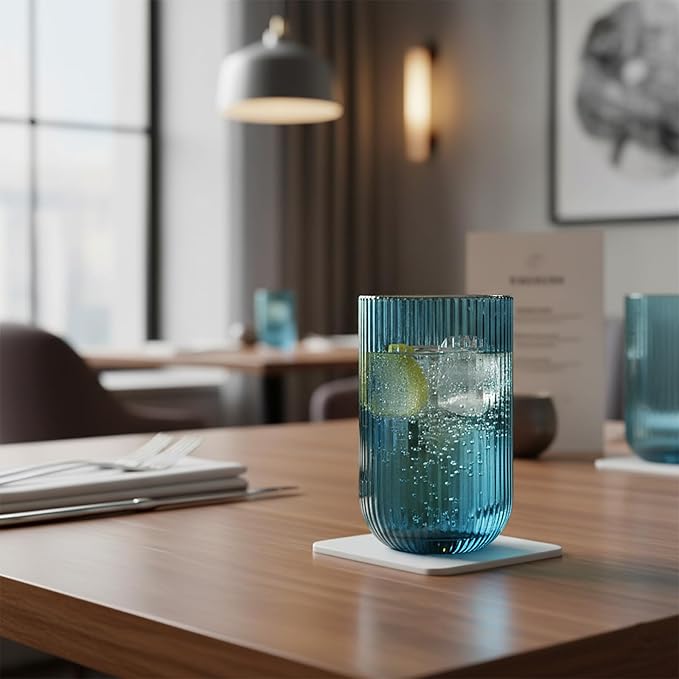 Set of 8 Ribbed Glassware,4 Highball Glasses 14oz & 4 Rocks Drinking Glasses 9oz, Origami Style, Fluted Design, for Milk, Water, Cocktail, Juice, Beer, ToothBrush Cup, Gif (Blue)