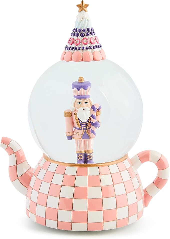 MACKENZIE CHILDS Snow Globe, Christmas Decor for Living Room, Rosy Check Teapot