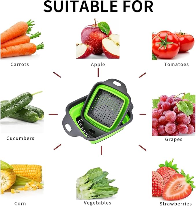 2 PCS Collapsible Colander, Collapsible Strainers for Kitchen, 11.5 inches Silicone Strainer and 9.5 inches Silicone Colander for Draining Vegetable fruit, Kitchen Food Strainer, Green