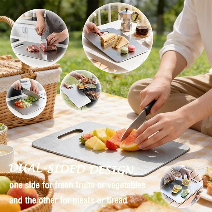100% Pure Titanium Cutting Board, Titanium Cutting Boards for Kitchen Dishwasher Safe, Food-Grade Metal Meat Chopping Board Mat for Cooking Tasks and Outdoor Charcuterie Party (S, 9.25”×5.71”)