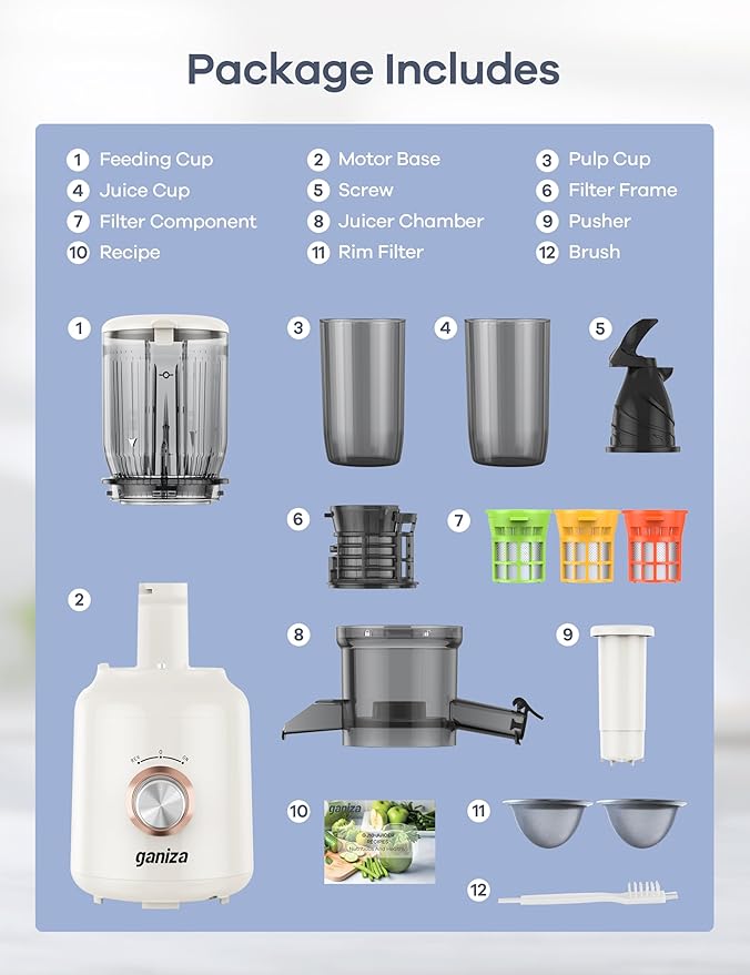 Ganiza Juicer Machines, Cold Press Juicer with Large Feed Chute for Whole Fruits & Vegetables, Slow Masticating juicers with 3 Replace Filters for Batch Juicing, Easy to Clean, BPA Free (White)