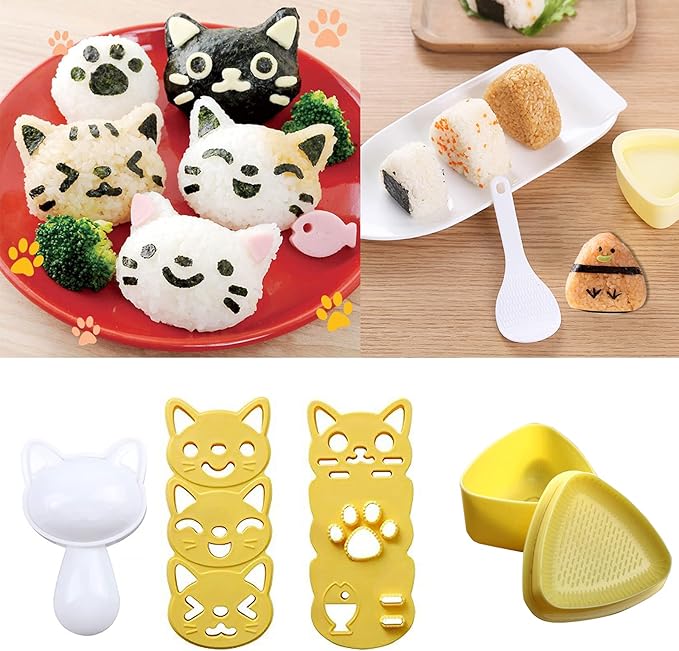 Cute Cat Rice Ball Molds 6 Sets Sushi Molds Bento Accessories Kits with 3PCS Vegetable Fruit Cutter Shapes and 1PC Gimbap Mold Triangle for Nori Rice Making DIY Bento Box Picnic Tools