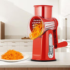 SUSTEAS Rotary Cheese Grater with Handle - Vegetable Shredder with 5 Well-designed Blades & Strong Suction Base,Round Mandoline Slicer & Food Chopper for Kitchen,with Blade Storage Box(Red)