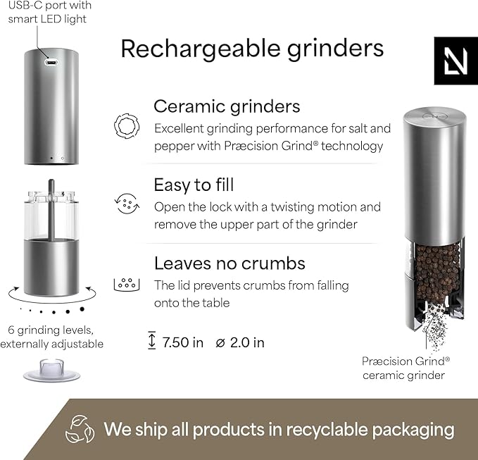 LARS NYSØM Electric Salt and Pepper Grinder Set I Automatic Salt and Pepper Mills with Adjustable Ceramic Grinder I USB Rechargeable Electric Spice Mill Set with LED Light (Stainless Steel)