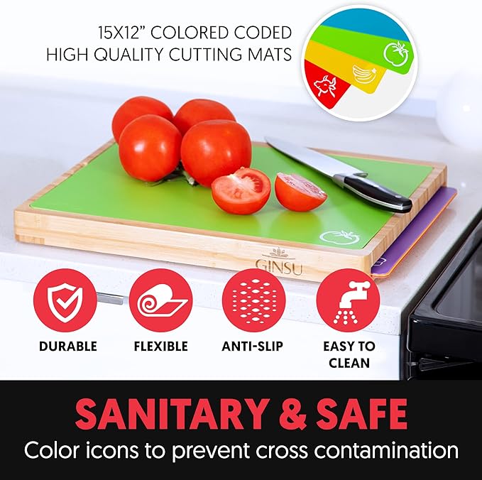 Ginsu Bamboo Wood Cutting Board Set with 6 Color-Coded Mats and Food Icons for Easy Meal Prep and Cleanup