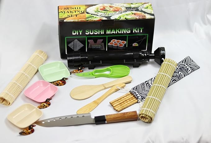 Complete Sushi Making Kit, 21 Pieces, Black Bazooka Roller with Natural Bamboo Mats, Knife, Chopsticks, Dipping Dishes, Rice Tools, DIY Home Sushi Rolling Set