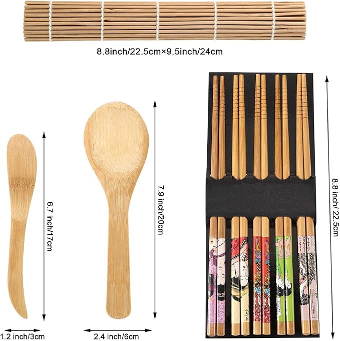 Sushi Making Tools Beginner Tools Set Include Sushi Rolling Pads Nori Rice Bamboo Curtain Roll Mats Equipment Chopsticks Rice Paddle and Rice Spreader, Set of 9