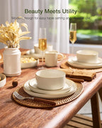 Famiware Star 16-Piece Stoneware Dinnerware Set with Trim, Service for 4 -Ceramic Mugs, Plates and Bowls, Modern Rustic Dishes with High Edge, Chip/Scratch Resistant, Microwave/Dishwasher Safe, White