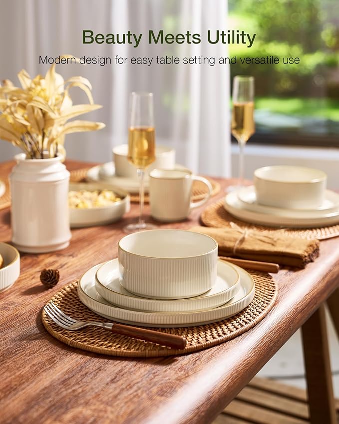 Famiware Star 16-Piece Stoneware Dinnerware Sets with Trim, Service for 4 - Shallow Pasta Bowls & Flat Plates, Modern Rustic Ribbed Dishes, Chip & Scratch Resistant, Microwave & Dishwasher Safe, White