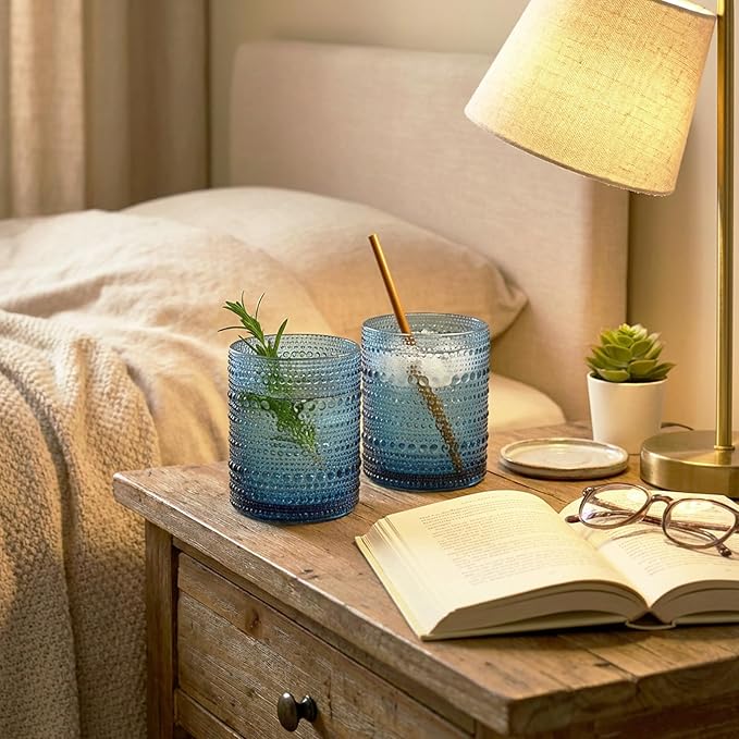 Moretoes Hobnail Drinking Glasses Set of 12,10 Oz Cocktail Glasses Vintage Glassware, Textured Glass Cups Bubble Glasses Water Glasses Old Fashion Jupiter Glasses Set (Blue)