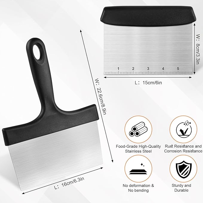 Grill Scraper&Bench Scraper Set，Food Scraper with Handle for Blackstone, Flat Top Grill Cleaning，Premium Stainless Steel Dough Cutter with Measuring Scale for Pastry,Cake,Pizza,Bread,Cooking