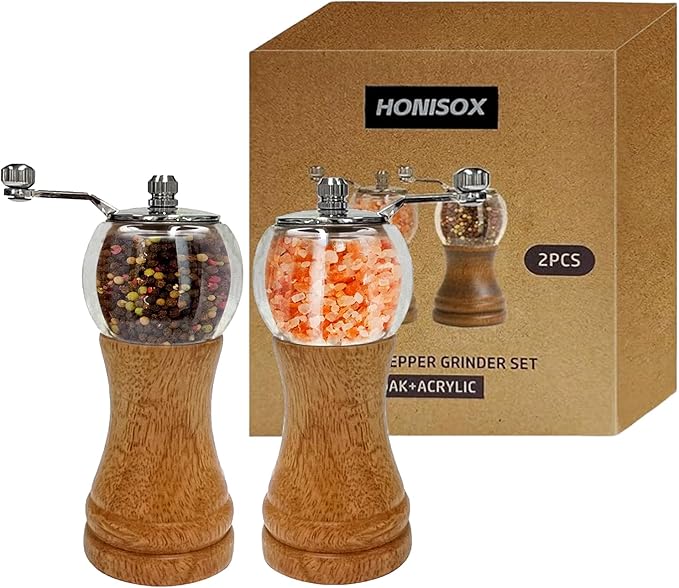 Pepper Grinder Set, Wooden Manual Pepper Grinder with Handle Peppermill Grinder, Refillable Ceramic Blade Grinding, Enjoy Fresh Ground Pepper Salts with Spices, 2pcs-6in