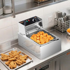ROVSUN 11.4QT Electric Commercial Deep Fryer with Basket & Lid, Countertop Kitchen Frying Machine, Temperature Adjustable Stainless Steel French Fryer for French Fries Donuts Onion Rings 2500W