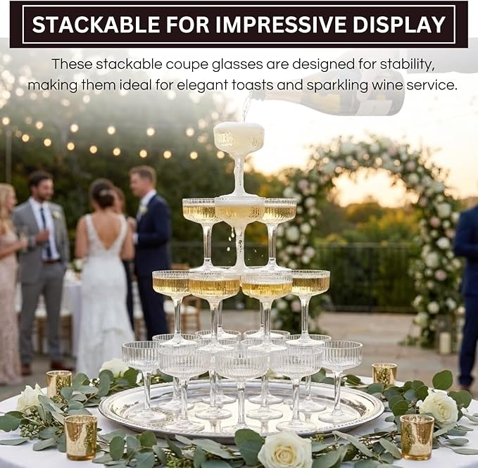 Premium ACRYLIC Champagne Tower Kit | 20 Stackable 7 oz Plastic Coupe Flutes | Reusable & Shatterproof Clear Plastic Glasses for Wedding Receptions, Birthday Parties, and Special Events, Clear Tall
