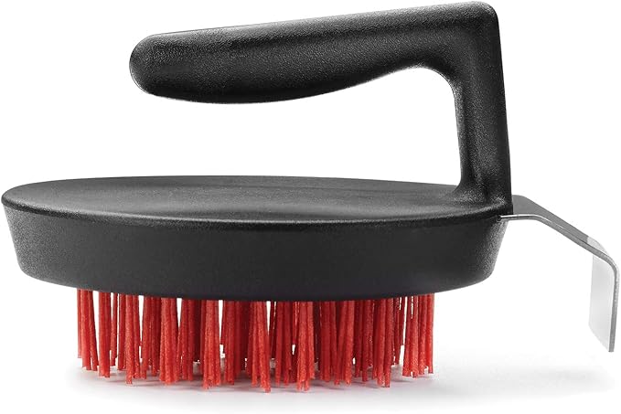 Outset 76621 Himalayan Salt Block, Pizza Stone and Cast Iron Pan Nylon Cleaning Brush with Stainless Steel Scraper, 5 x 4 x 3, Black