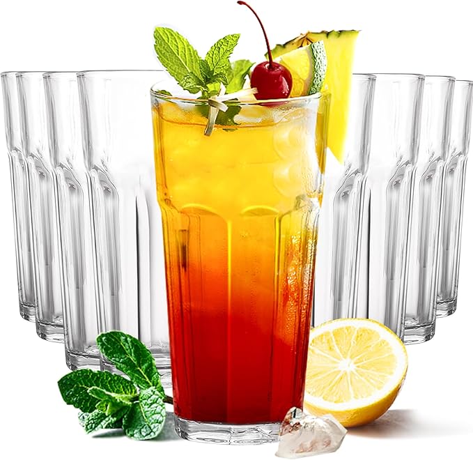 Etolies Highball Drinking Glasses Set of 9, Water Glasses 16 oz,Iced Tea Glasses for Water, Juice, Cocktails,Milkshake,Coke,Soda,Beverages. Heavy Base Tumbler,Kitchen and Bar Glassware