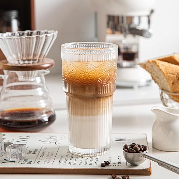 INSETLAN 20oz Ribbed & Floral Glasses Drinking Set of 6- Clear Glass Tumbler, Reusable Glass Cups for Iced Coffee, Water, Beer, Smoothies, Tea, and Juice – Perfect for Party and Daily Use