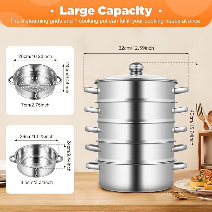 Steamer for Cooking, 5-Tier Stainless Steel Steamer Pot, Multipurpose Stackable Food Steam Pots Kitchen Steaming Cookware with Glass Lid for Induction, Gas, Electric Stoves, Composite Pot Base