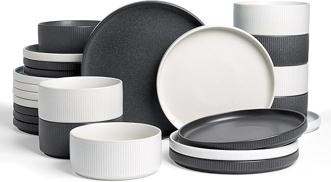 Famiware Star 24-Piece Reactive Glaze Plates and Bowls Sets, Service for 8 - Stoneware Dinnerware Set, High Edge Ribbed Dishes, Chip & Scratch Resistant, Microwave & Dishwasher Safe, White & Black
