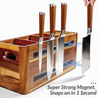 Wooden Kitchen Utensil Holder Organizer for Counter or Countertop, Large Wooden Utensil Holder 4 Compartment, Acacia Wood Container Extra Large.with Strong Magnets Multifunctional Storage Knife Holder