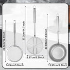Spider Strainer & Skimmer Spoon Set, 3-Piece Stainless Steel Ladle Metal Wire Sieve Large Holes Slotted Colander Fryer Scoop Fine Mesh Strainers with Long Handle, Food Sifter for Kitchen Cooking