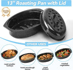 13" Roasting Pans for Ovens Porcelain Enameled Steel Oval Roaster Pan with Domed Lid for Small Turkey, Chicken, Vegetable, Lamb, Sourdough Bread