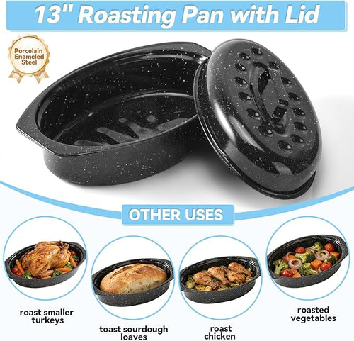 13" Roasting Pans for Ovens Porcelain Enameled Steel Oval Roaster Pan with Domed Lid for Small Turkey, Chicken, Vegetable, Lamb, Sourdough Bread