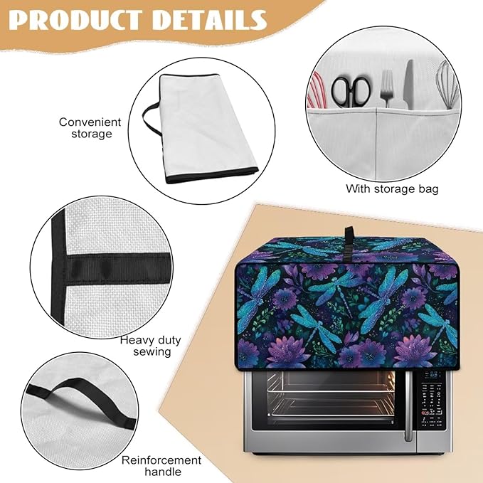 Dragonfly Lotus Print Toaster Oven Cover Compatible with Most Toaster Ovens, Heavy Duty Dust-proof Microwave Oven Cover for Kitchen Counter, Purple (Small-14.5 * 18.46 * 9 inches)