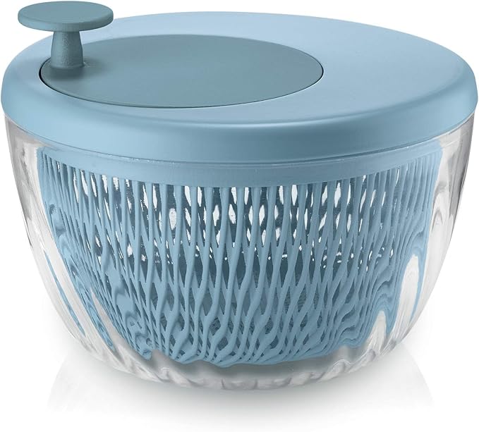 GUZZINI 10" Salad Spinner with Lid - Matte Blue, Wash, Spin & Dry Vegetables, Fruits, Salad, Built in Draining - Fruit Washer Fruit Dryer, Home Gadgets & Kitchen Tools