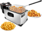 3L Deep Fryer with Basket for Home, 1300W Electric Small Deep Fryer with Temperature Control, Timer Control, View Window Lid, Stainless Steel Body for Restaurant Use