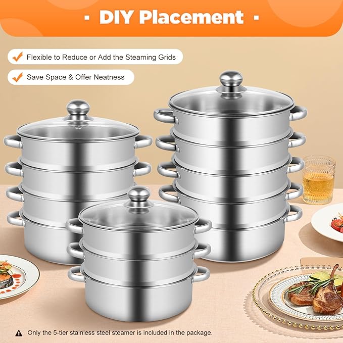 Steamer for Cooking, 5-Tier Stainless Steel Steamer Pot, Multipurpose Stackable Food Steam Pots Kitchen Steaming Cookware with Glass Lid for Induction, Gas, Electric Stoves, Composite Pot Base