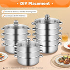 Steamer for Cooking, 5-Tier Stainless Steel Steamer Pot, Multipurpose Stackable Food Steam Pots Kitchen Steaming Cookware with Glass Lid for Induction, Gas, Electric Stoves, Composite Pot Base
