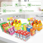 Snack Organizer for Pantry Shelf, 4 Pack Clear Plastic Pantry Storage Bins with 3 Dividers for Snacks, Spices, Chips Food Organizer, Stackable Pantry Organizers for Kitchen, Fridge, Cabinet