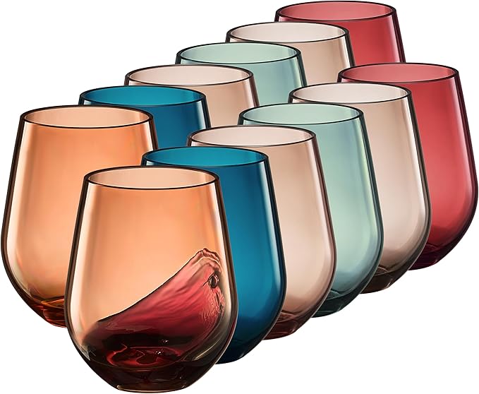 Khen European Style Shatterproof Tritan Stemless Wine Glasses, Acrylic Glass Drinkware, Unbreakable Colored, 12- Set - BPA-free plastic, Reusable, Dishwasher Safe, All Purpose Glassware 15oz - (Muted)