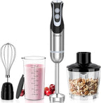 FRESKO Immersion Blender Handheld, 4-in-1 Stainless Steel Hand Electric Stick Mixer with 12-Speeds & Turbo Mode, Powerful 500W Emulsion Blender with Beaker, Chopper & Whisk