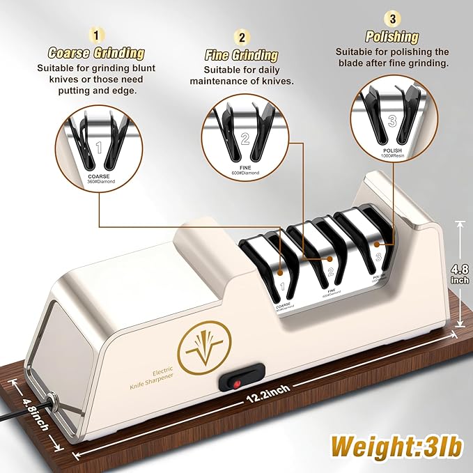 VIDOME Professional Electric Knife Sharpener with 100% Diamond Abrasives, 3-Stage Precision Angle Guides, Champagne Gold, for Kitchen Straight Edge and Ceramic Knives