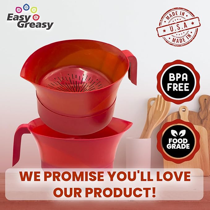 Colander Grease Strainer With Handle And Container, Catch Bowl With Lid 3 Piece Strain Set | Strains Ground Beef, Bacon & Pasta | Safe Kitchen Gadget BPA Free | Made In The USA (Red)