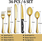 36 Pcs Gold Silverware Set with Steak Knives, Stainless Steel Flatware Cutlery Set Service for 6, Kitchen Tableware Sets, Utensil Sets for Home and Restaurant, Knives Forks Spoon, Dishwasher Safe