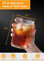 Loivttvv 6pcs Vintage Drinking Glasses Set, 12 oz Clear Highball Glasses, Embossed Ribbed Glassware Cups for Cocktail, Water, Juice, Coffee, Whiskey