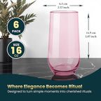Pink Drinking Glasses Set of 6 | Translucent Rose Glassware | 16 oz Blush Pink Glass Cups | Highball Drinkware for Cocktails, Long Drink, Mojito, Juice, Soda | Modern Pastel Drinkware