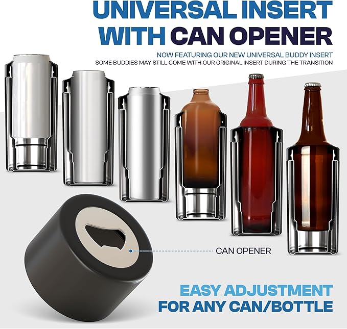 Frost Buddy Universal Buddy Can Cooler - Fits All - For Regular 12 & 16 oz or Slim-Size Bottles - Insulated Double-Walled Stainless Steel (Lights)
