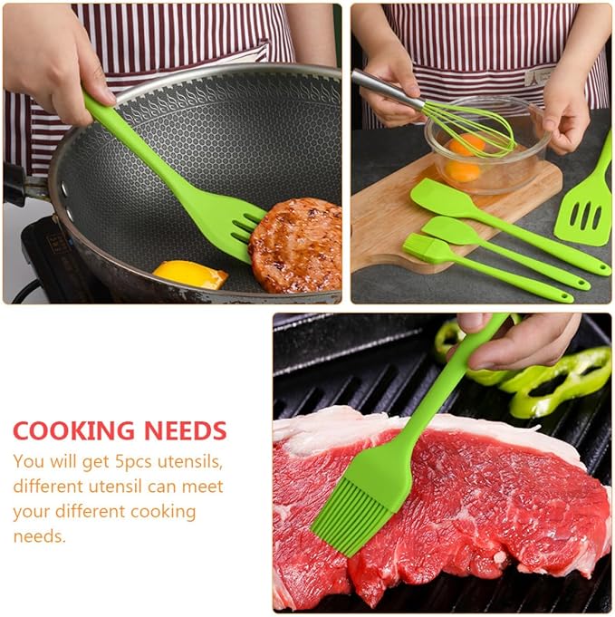 VICASKY 5pcs Silicone Kitchen Utensil Set with Spatula, Whisk, and Scraper, Heat Resistant Nonstick Cooking Gadgets for Baking and Food Preparation, Green