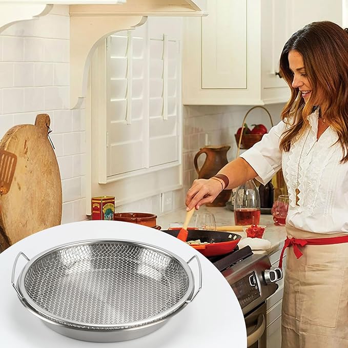 Oil Filter Tray, Stainless Steel Mesh Drain Basket Colanders Air Fryer Accessories for Fried Food Draining Rack Barbecue Grill Tray Net Draining Pan Strainer for Vegetable Dessert (8.7 Inch)