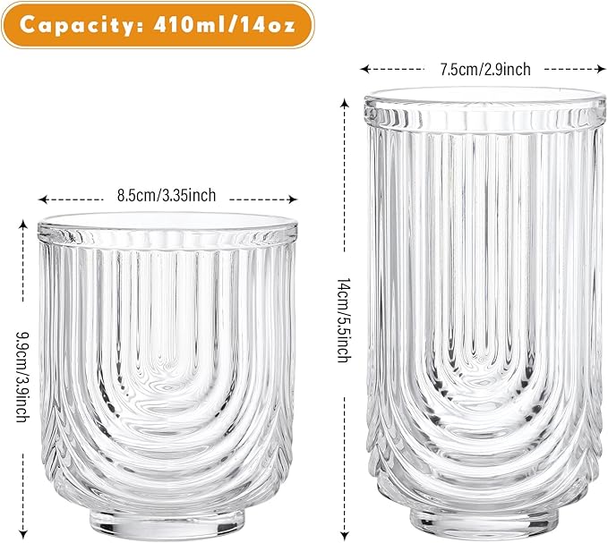 Vesici 8 Pieces Drinking Glasses Cocktail Glasses Arch Design Highball Ribbed Glassware Vintage Cups Ripple Aesthetic Tumblers for Whiskey Water Beverages Ice Coffee Juice Milk, 14 oz and 12 oz