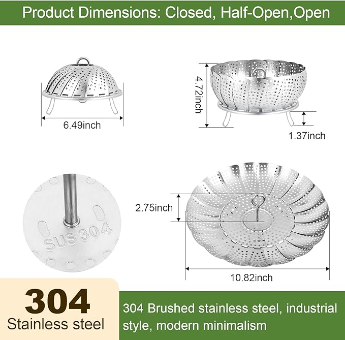 Steamer Basket for Cooking – Premium 304 Stainless Steel Steamer Basket, 3rd Gen Folding Expandable Steamers, Suitable for Cookware Pot, Fit for Fish Vegetables Pasta Eggs (Large (6.49“ to 10.82”))